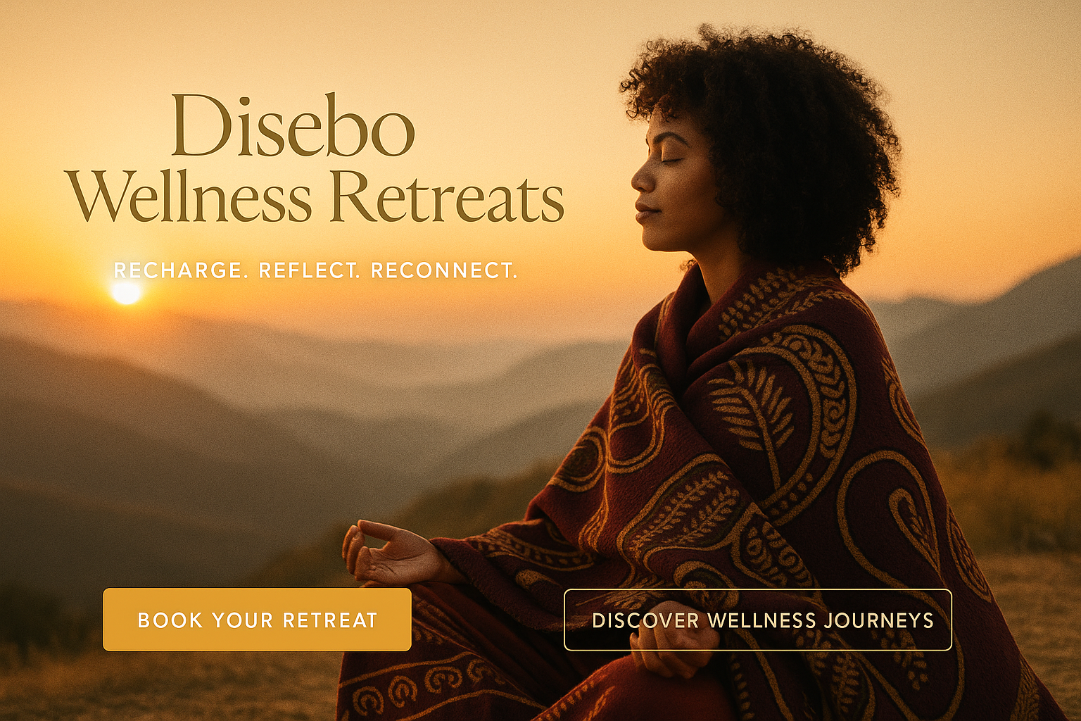 Woman meditating with sunset and mountains in the background, featuring 'Disebo Wellness Retreats' text.