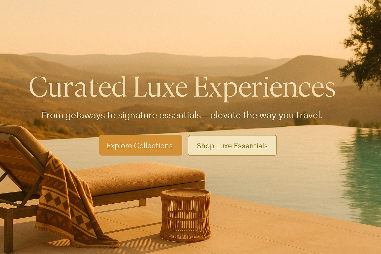 Luxe lounge chair with a blanket by a scenic lake, featuring 'Curated Luxe Experiences' text.